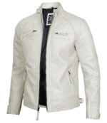 Classic Men's Off White Real Leather Cafe Racer Jacket - Image 3