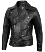 Men's Black Belted Biker Leather Jacket - Image 2