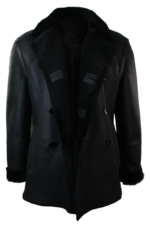 Mens Real Shearling German Navy Sheepskin Double Breasted Jacket Black Fitted - Image 3
