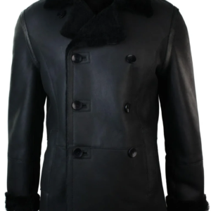 Mens Real Shearling German Navy Sheepskin Double Breasted Jacket Black Fitted