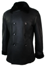 Mens Real Shearling German Navy Sheepskin Double Breasted Jacket Black Fitted - Image 2