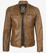 Dodge Men's Camel Leather Cafe Racer Jacket - Image 3