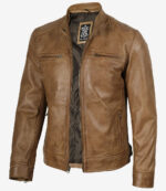 Dodge Men's Camel Leather Cafe Racer Jacket