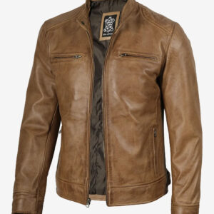 Dodge Men’s Camel Leather Cafe Racer Jacket