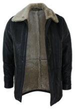 Mens Real Shearling Sheepskin 3/4 Overcoat Dark Brown Beige Fur Warm Winter - Image 2