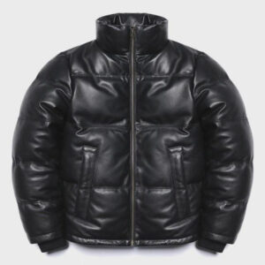 Mens Black Genuine Leather Lambskin Padded Quilted Down Puffer Jacket