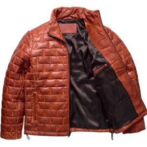 Men’s Brown Quilted Lambskin Leather Puffer Jacket: Handmade Moto Style Winter Coat
