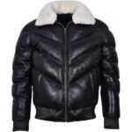 Men's Black Lambskin Leather Puffer Jacket: Quilted Winter Down Coat