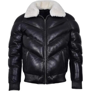 Men’s Black Lambskin Leather Puffer Jacket: Quilted Winter Down Coat