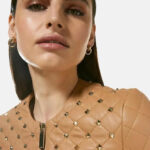Beige Quilted Lambskin Leather Biker Jacket - Studded Bomber Coat - Image 6