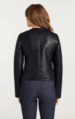 Black Quilted Lambskin Leather Biker Jacket - Studded Bomber Coat - Image 2