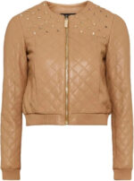 Beige Quilted Lambskin Leather Biker Jacket - Studded Bomber Coat - Image 4