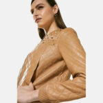 Beige Quilted Lambskin Leather Biker Jacket - Studded Bomber Coat - Image 5