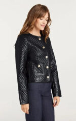 Black Quilted Lambskin Leather Biker Jacket - Studded Bomber Coat - Image 3