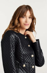 Black Quilted Lambskin Leather Biker Jacket - Studded Bomber Coat - Image 4
