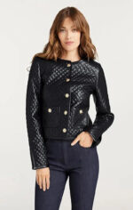 Black Quilted Lambskin Leather Biker Jacket - Studded Bomber Coat - Image 5