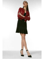 Red Quilted Lambskin Leather Biker Jacket - Studded Bomber Coat - Image 4