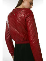 Red Quilted Lambskin Leather Biker Jacket - Studded Bomber Coat - Image 5