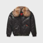 Men's V-Bomber Leather Zipper Jacket Puffer Fox Fur Collar Black Lambskin Coat