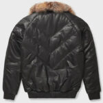Men's V-Bomber Leather Zipper Jacket Puffer Fox Fur Collar Black Lambskin Coat - Image 2
