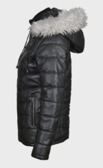 Women’s Black Lambskin Quilted Puffer hooded Jacket | Real Leather Cropped Puffer Coat - Image 3