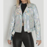Women's Orange & Gold Metallic Leather Biker Jacket - Image 2