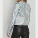 Women's Orange & Gold Metallic Leather Biker Jacket - Image 5