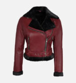 Handmade Real Shearling Maroon Aviator Jacket