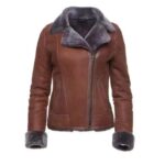 Womens Real Shearling Tan B-3 Bomber Jacket - Image 2