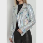 Women's Orange & Gold Metallic Leather Biker Jacket - Image 3