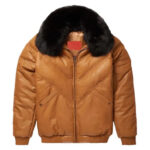 Men's V-Bomber Leather Zipper Jacket Puffer Fox Fur Collar Dual Color Lambskin Coat