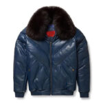 Men's V-Bomber Leather Zipper Jacket Puffer Fox Fur Collar Blue Lambskin Coat
