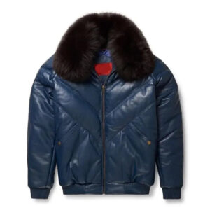 Men’s V-Bomber Leather Zipper Jacket Puffer Fox Fur Collar Blue Lambskin Coat