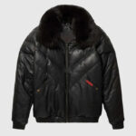 Men's V-Bomber Leather Zipper Jacket Puffer Fox Fur Collar Blue Lambskin Coat - Image 3