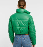 Women’s Green Genuine Leather Puffer Jacket – Cropped Winter Zip-Up Quilted Coat - Image 2