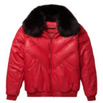 Men's V-Bomber Leather Zipper Jacket Puffer Fox Fur Collar Dual Color Lambskin Coat - Image 3