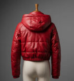Women’s Red Genuine Leather Cropped Puffer Jacket – Hooded Quilted Winter Coat with Snap Buttons - Image 2