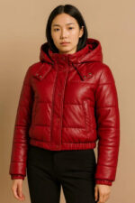 Women’s Red Genuine Leather Cropped Puffer Jacket – Hooded Quilted Winter Coat with Snap Buttons - Image 3