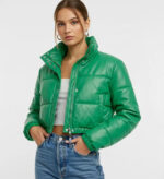 Women’s Green Genuine Leather Puffer Jacket – Cropped Winter Zip-Up Quilted Coat