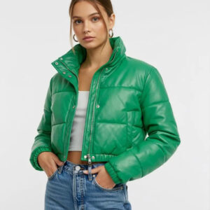 Women’s Green Genuine Leather Puffer Jacket – Cropped Winter Zip-Up Quilted Coat