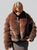 Women’s Brown Fox Fur or Faux Fur Cropped Bubble Jacket - Image 2
