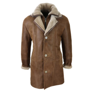 Men’s 3/4 Duffle Jacket Sheepskin Long Button Zip Warm – Tan