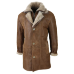 Men's 3/4 Duffle Jacket Sheepskin Long Button Zip Warm - Tan - Image 2