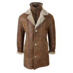 Men's 3/4 Duffle Jacket Sheepskin Long Button Zip Warm - Tan - Image 3
