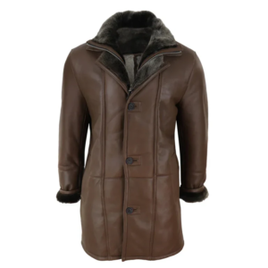 Men’s 3/4 Duffle Jacket Sheepskin Long Button Zip Warm – Brown