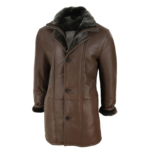 Men's 3/4 Duffle Jacket Sheepskin Long Button Zip Warm - Brown - Image 2