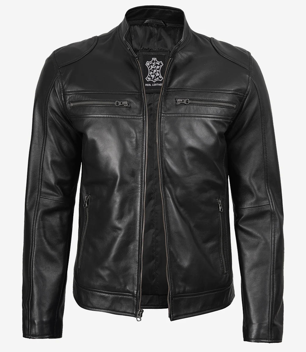 Men’s Classic Black Lambskin Cafe Racer Leather Jacket