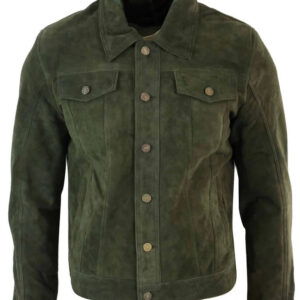 Real Suede Leather Mens Vintage Short Denim Style Retro Jean Jacket Casual – Olive Color