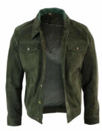 Real Suede Leather Mens Vintage Short Denim Style Retro Jean Jacket Casual - Olive Color - Image 2
