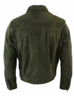 Real Suede Leather Mens Vintage Short Denim Style Retro Jean Jacket Casual - Olive Color - Image 3